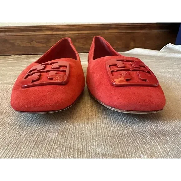 NEW ish Tory Burch Georgia Square Toe Silk Suede Triple Red Ballet Flat Sz 9 Box - Picture 4 of 16